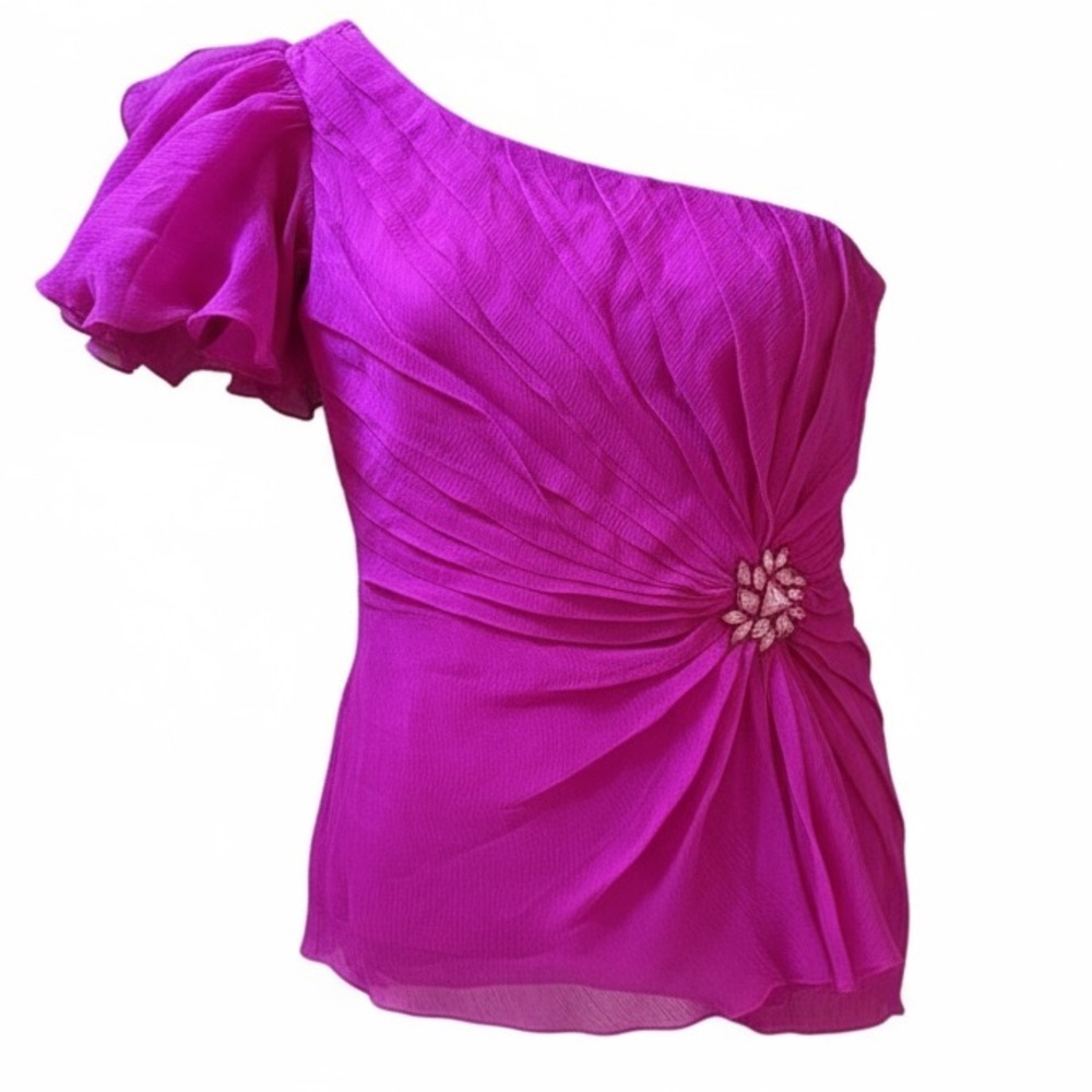 Tadashi Shoji Fuchsia 100% silk one shoulder top